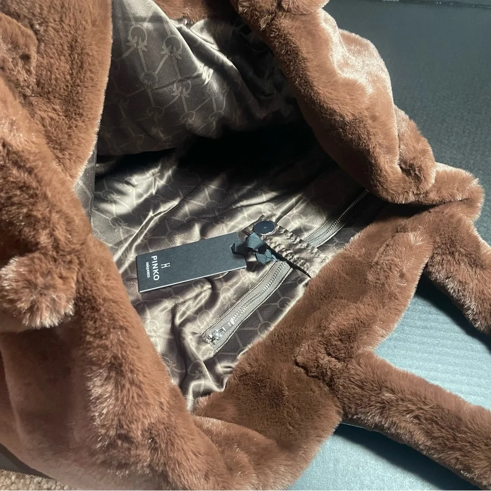 LUSCIOUS GREAT GIFT!! BNWT Pinko Debossed faux fur plush tote brown PRICE FIRM - Picture 14 of 16